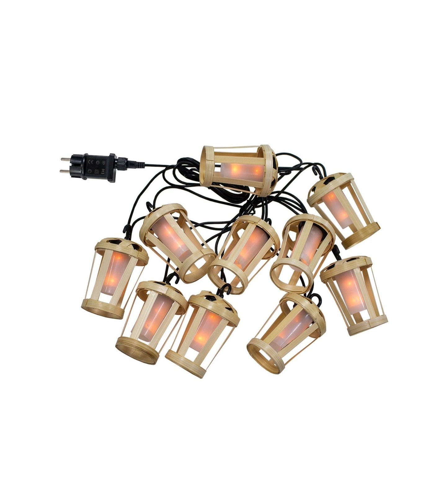 Solar String Lights – Flame Effect with Wooden Design, 10-Lamp Outdoor Decoration