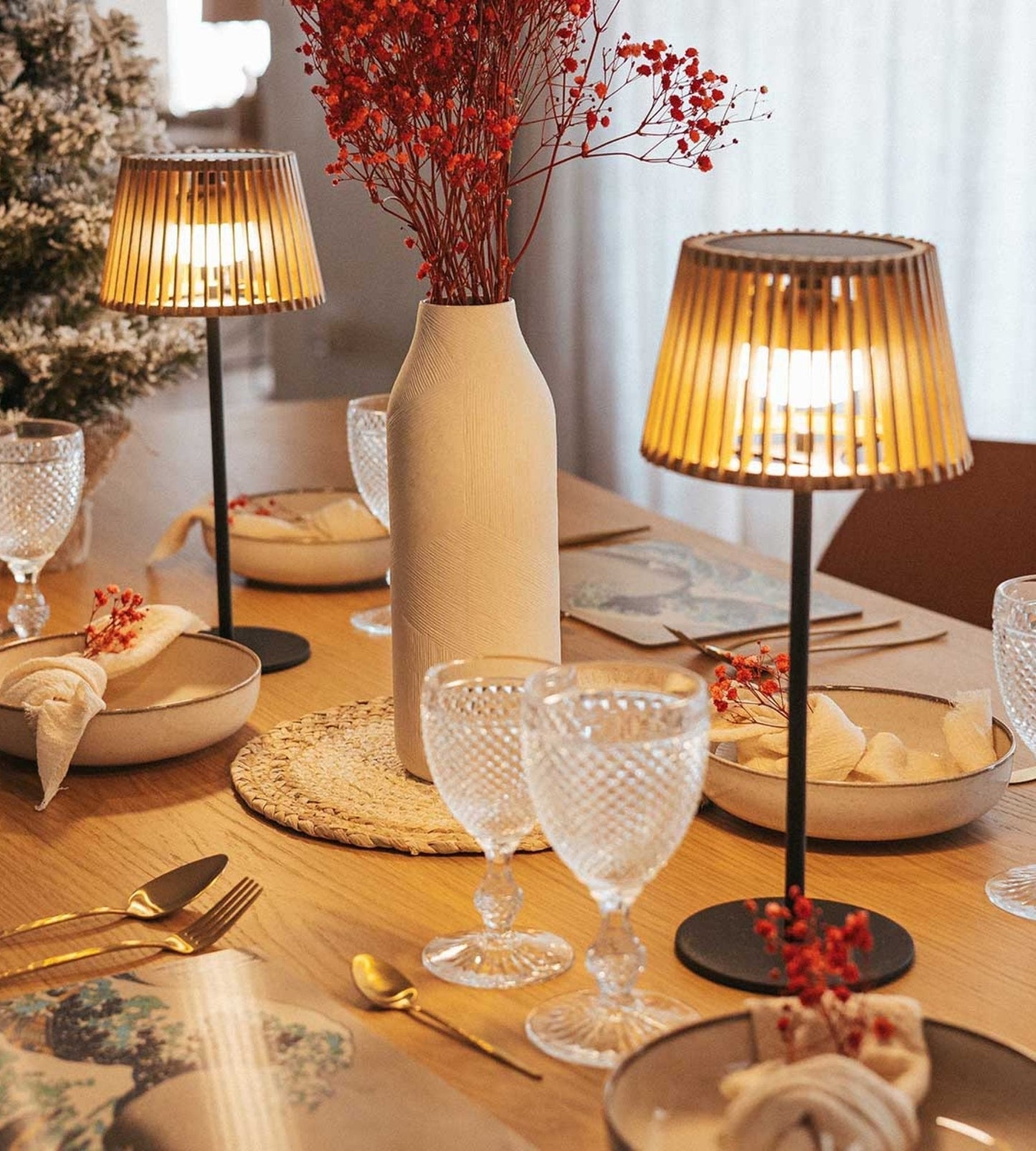 Solar Table Lamp – USB Rechargeable Warm White Light with Wooden Design